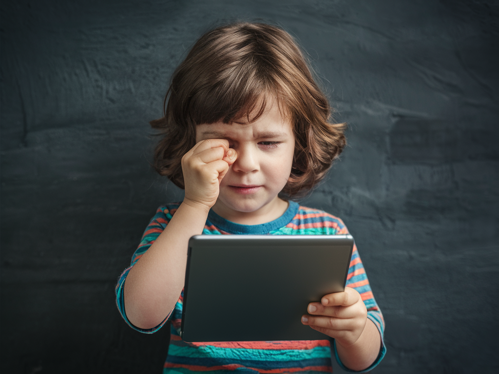 Boy scratching eyes as a result of looking at screen too much